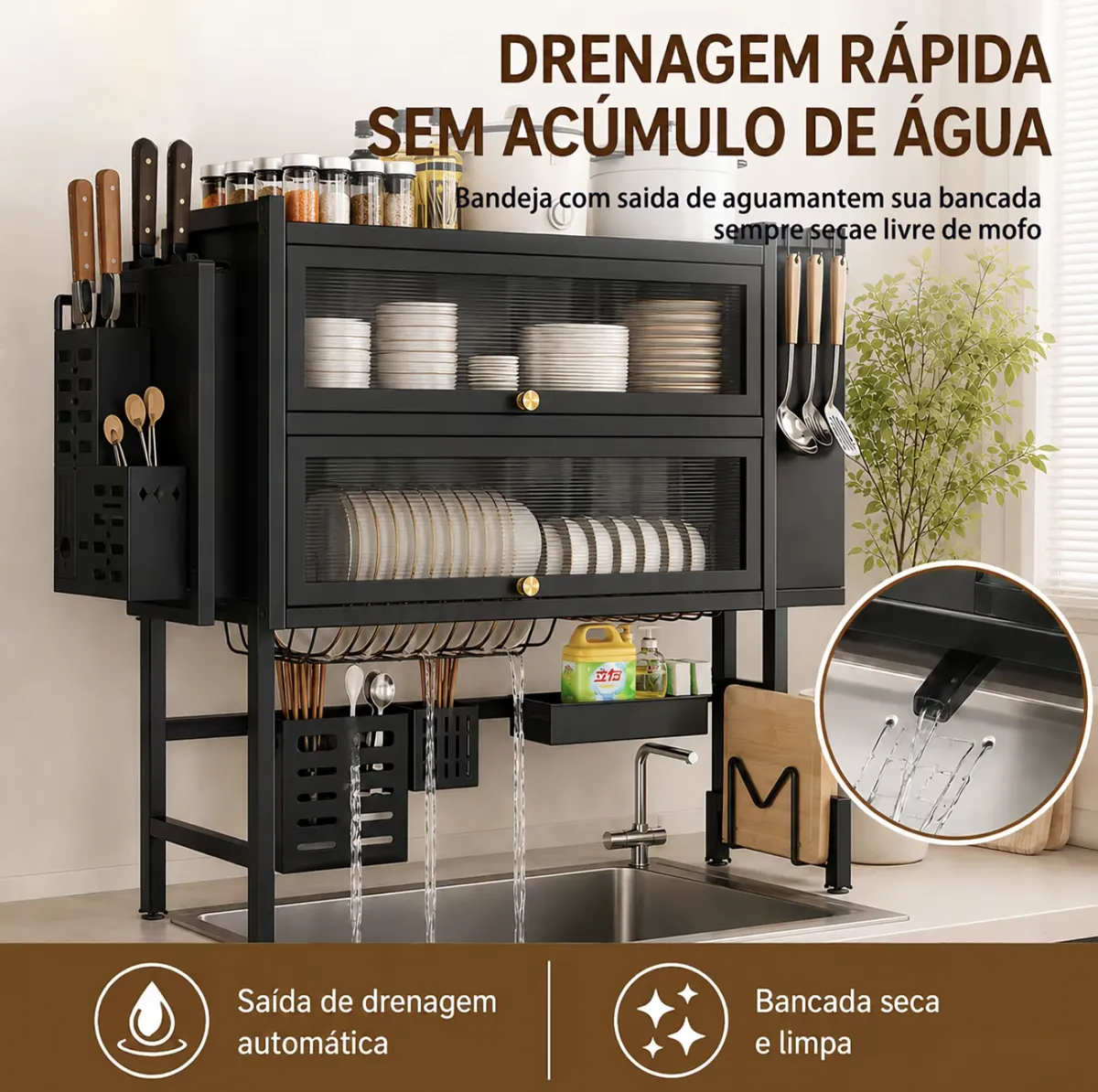Escorredor de Louças Suspenso 65/85/95/105cm + Armário em Aço | Para Pratos, Copos, Talheres e Utensílios