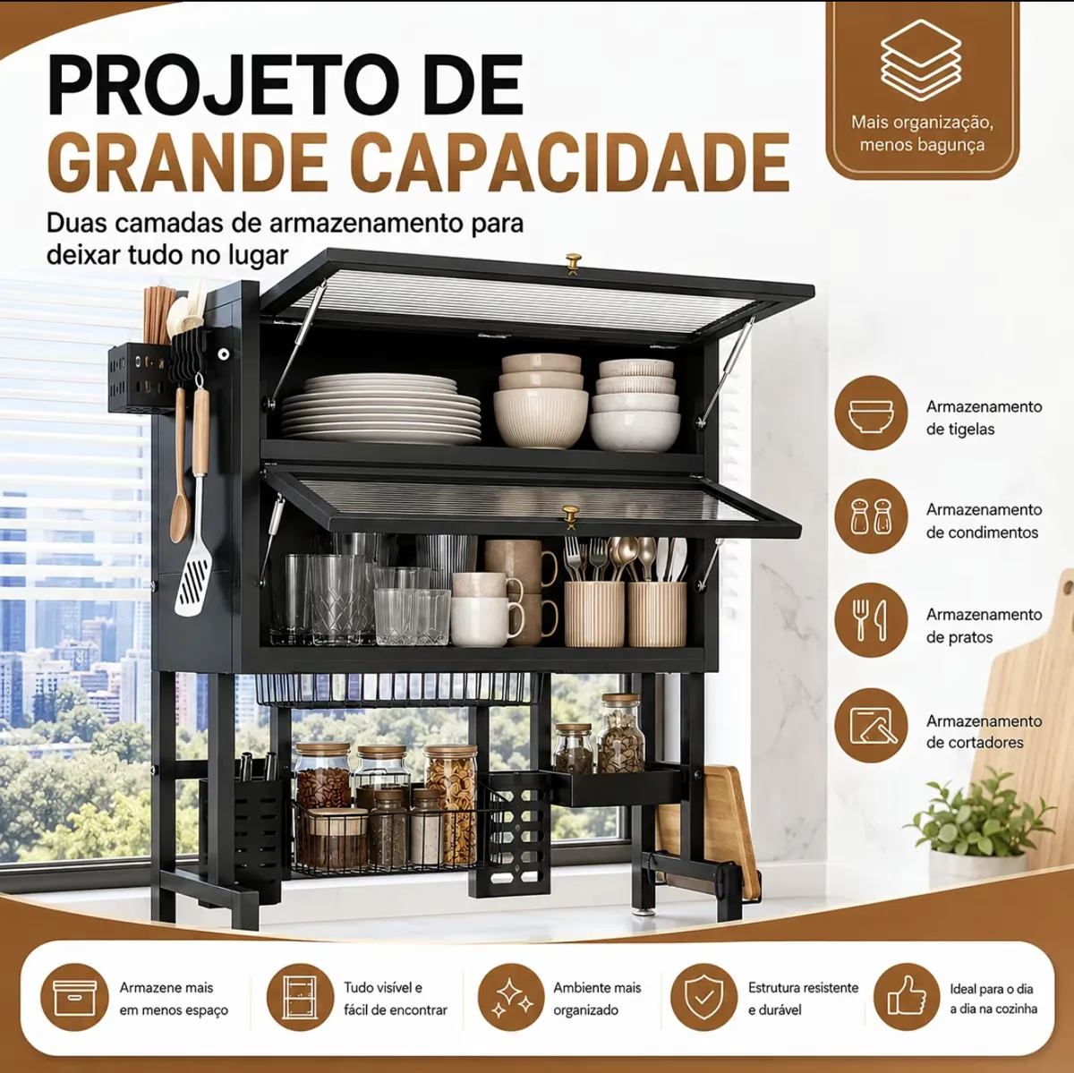 Escorredor de Louças Suspenso 65/85/95/105cm + Armário em Aço | Para Pratos, Copos, Talheres e Utensílios - 4