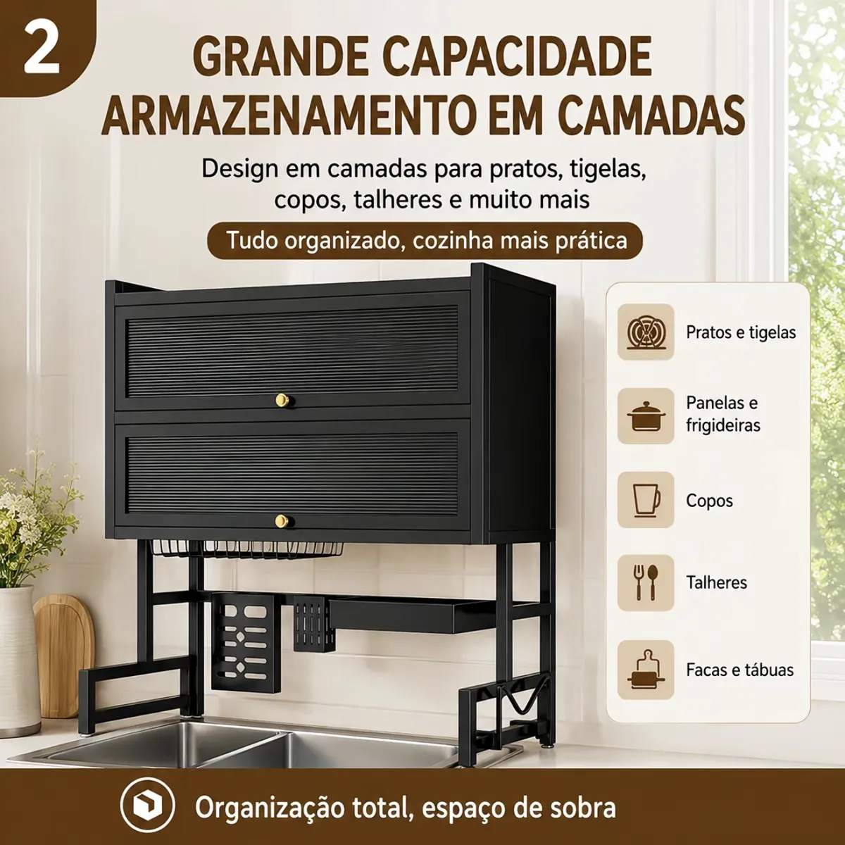 Escorredor de Louças Suspenso 65/85/95/105cm + Armário em Aço | Para Pratos, Copos, Talheres e Utensílios - 5