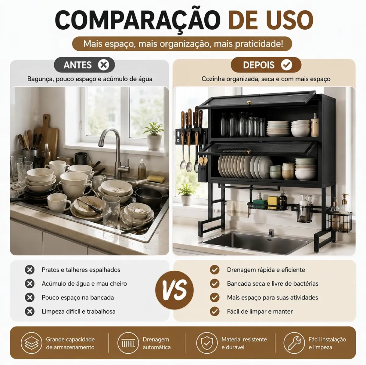 Escorredor de Louças Suspenso 65/85/95/105cm + Armário em Aço | Para Pratos, Copos, Talheres e Utensílios - 6