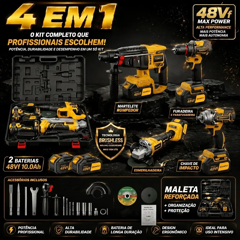 [SOARFLY] Kit Ferramentas 4 em 1 48Vf | Íon Lítio Baterias Sem Fio| Martelete + Esmerilhadeira + Furadeira Parafusadeira +Impacto Chave | Ideal para Reformas Residenciais e Reparos Domésticos