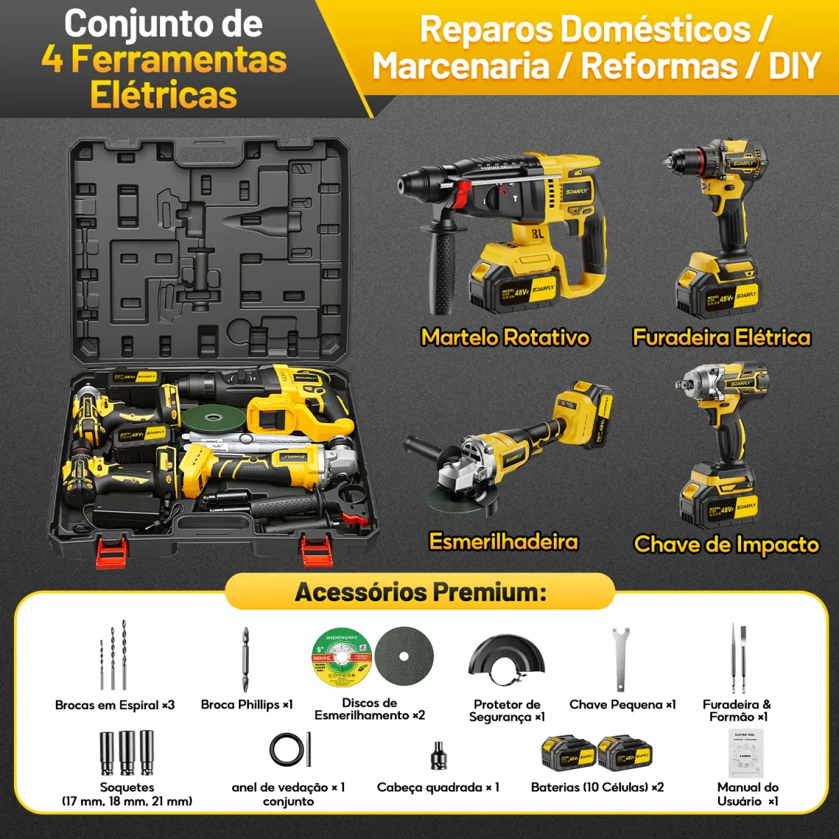 [SOARFLY] Kit Ferramentas 4 em 1 48Vf | Íon Lítio Baterias Sem Fio| Martelete + Esmerilhadeira + Furadeira Parafusadeira +Impacto Chave | Ideal para Reformas Residenciais e Reparos Domésticos - 10