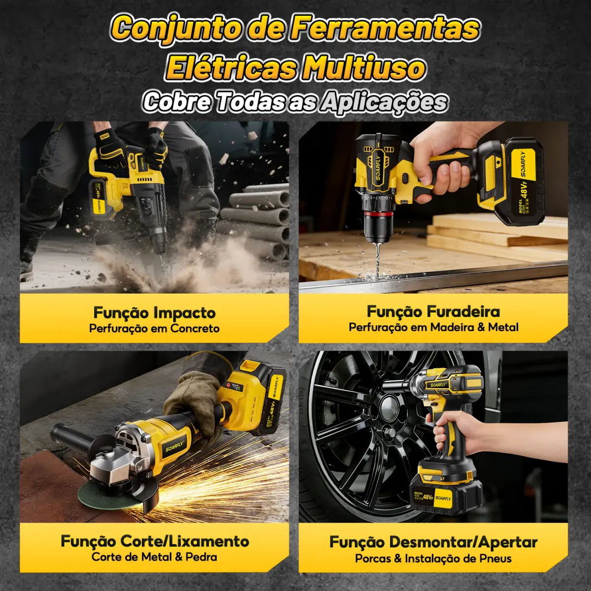 [SOARFLY] Kit Ferramentas 4 em 1 48Vf | Íon Lítio Baterias Sem Fio| Martelete + Esmerilhadeira + Furadeira Parafusadeira +Impacto Chave | Ideal para Reformas Residenciais e Reparos Domésticos - 3