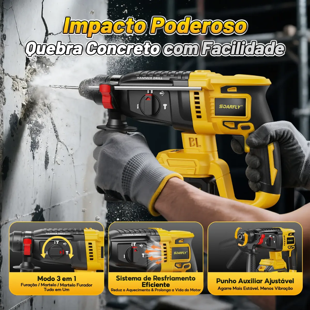 [SOARFLY] Kit Ferramentas 4 em 1 48Vf | Íon Lítio Baterias Sem Fio| Martelete + Esmerilhadeira + Furadeira Parafusadeira +Impacto Chave | Ideal para Reformas Residenciais e Reparos Domésticos - 4