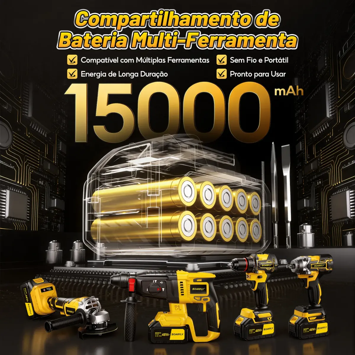 [SOARFLY] Kit Ferramentas 4 em 1 48Vf | Íon Lítio Baterias Sem Fio| Martelete + Esmerilhadeira + Furadeira Parafusadeira +Impacto Chave | Ideal para Reformas Residenciais e Reparos Domésticos - 8